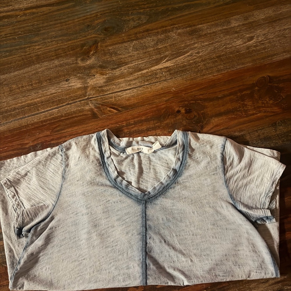 WILT Pale Blue Ribbed V-Neck Tee - Picture 2 of 7